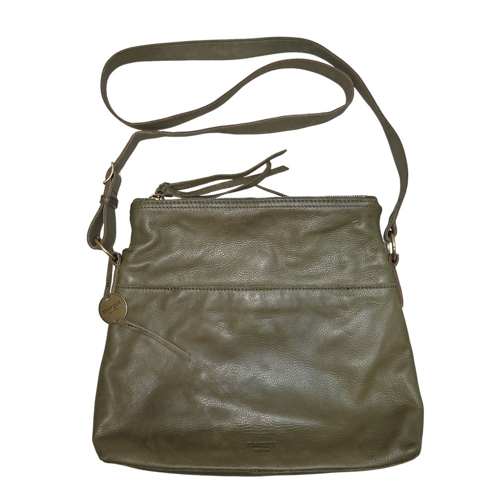 Margot New York Olive Green Leather Crossbody Bag Messenger Zip Front Brass Hdwr
